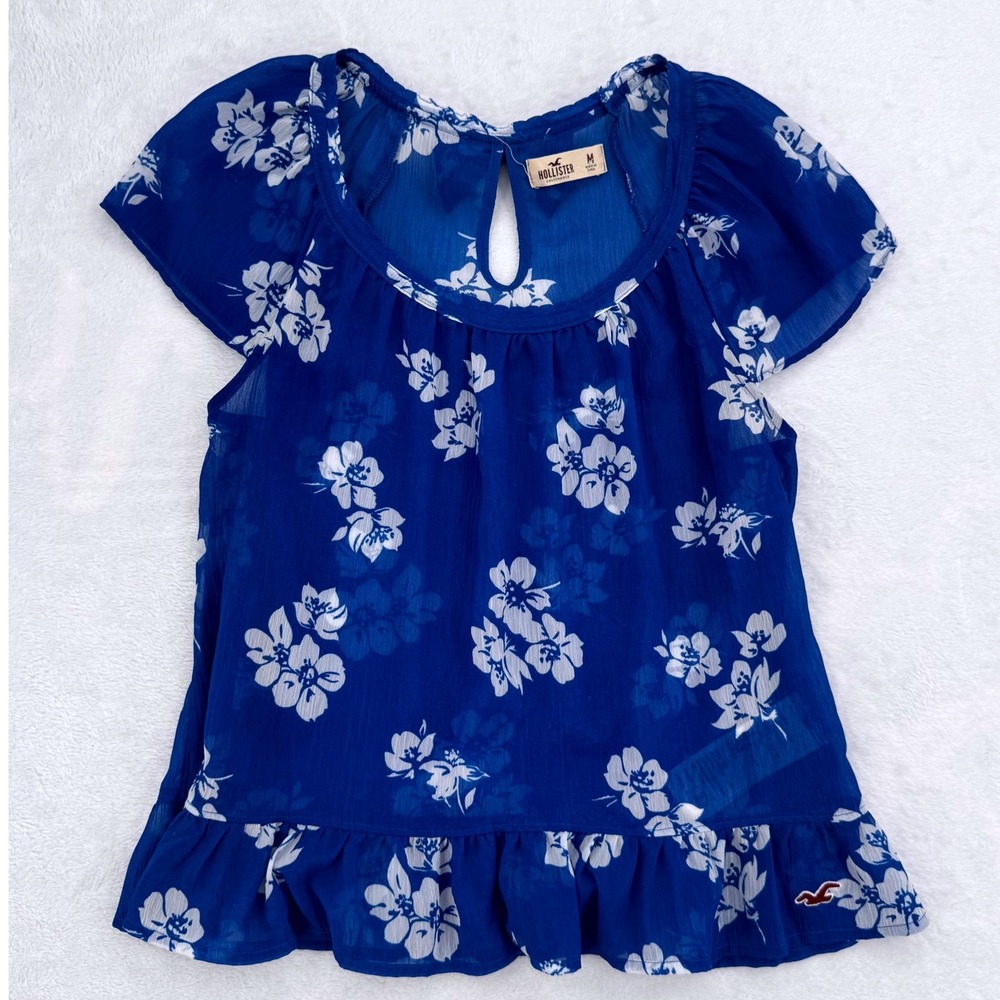 Y2K 2000s Style Hollister Blue Floral Chiffon Ruffle Hem Babydoll Top Sz Medium